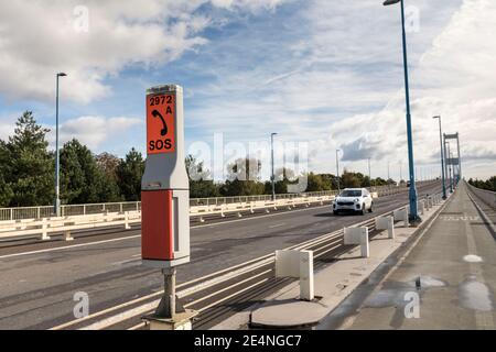 SOS phone on the Severn Crossing old bridge near Chepstow, South Wales, UK Stock Photo