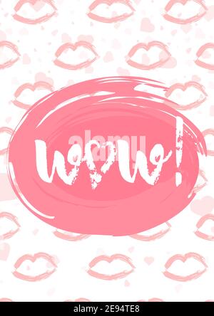 Wow lettering with hearts, brush pen typography hand drawn wow word, lipstick kisses Stock Vector