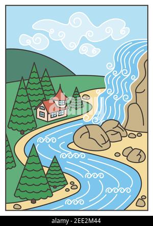 Summer landscape with beautiful waterfall, river, forest and house against the blue sky. Vector illustration EPS10. Stock Vector