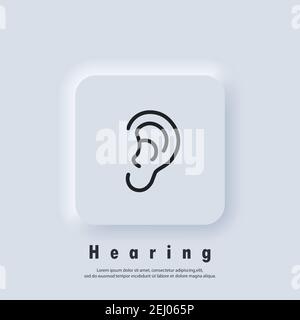 Ear icon. Hearing logo. Ear, hearing symbol. Vector. UI icon. Neumorphic UI UX white user interface web button. Neumorphism Stock Vector