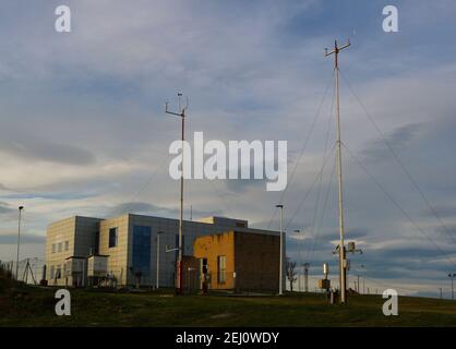 Meteorological Station Santander Cantabria Spain Morning sun Winter with Stevensons screens and anemometers on masts Stock Photo