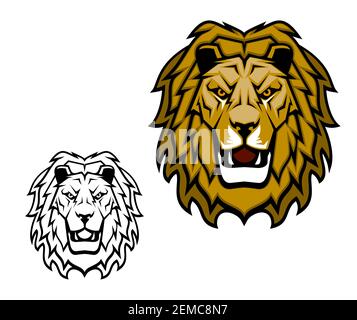 Lion head mascot. King of animal, african safari, sport club or heraldic vector symbol. Savannah wild cat roaring showing teeth, fangs and brown mane. Stock Vector