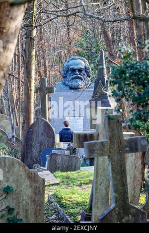 Tourists visiting the tomb of Karl Marx in Highgate Cemetery, seen from the adjacent Waterlow Park, London, UK Stock Photo