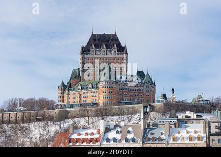 Winter view of the Frontenac castle in the old Quebec city Stock Photo