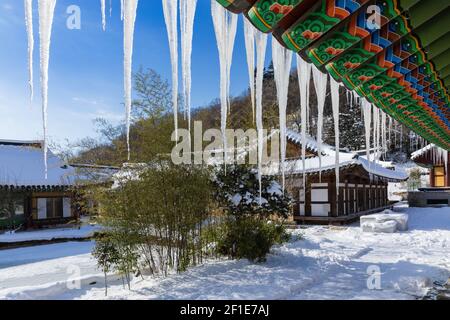 Snow-covered Baekyangsa temple, icicles hanging from the eaves, winter landscape in Korea. Stock Photo