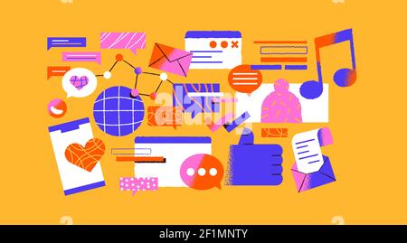 Colorful social media network icons of modern technology elements. Online communication symbol set in trendy hand drawn cartoon style. Young generatio Stock Vector