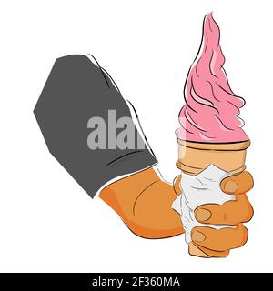 Flat Color Hand Draw Sketch, Hand Holding Strawberry Ice Cream Cone, isolated on white Stock Vector