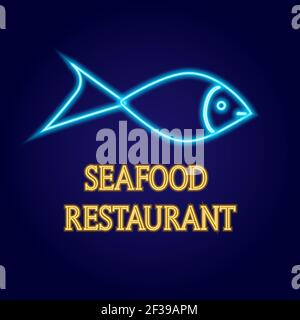 Seafood restaurant neon sign. Fish on background. Vector illustration in neon style for fish or seafood restaurant. Stock Vector