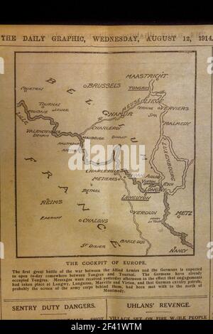 Map of the initial battlefield at the start of WWI, 'The Daily Graphic' wartime magazine (12th August 1914), replica WWI memorabilia. Stock Photo