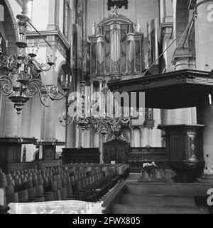 Amsterdam. Interior of the Westerkerk with the large organ and the pulpit, September 2, 1965, baroque, interior, church buildings, light crowns, organs, pulpits, renaissance, columns, The Netherlands, 20th century press agency photo, news to remember, documentary, historic photography 1945-1990, visual stories, human history of the Twentieth Century, capturing moments in time Stock Photo