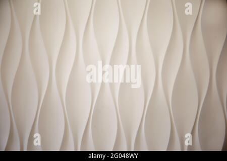 Design of wall panels. White panel, realistic 3d relief wave design. Future liquid modern interior of gypsum stucco. Photo background. Stock Photo