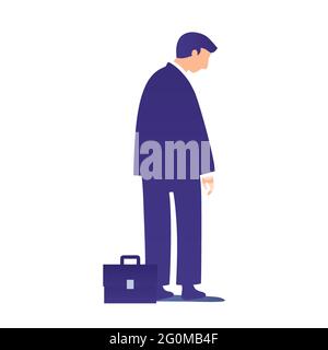 Upset tiny employee with business bag. Sad small figure of office clerk. Isolated single worker in simple flat, vector illustration Stock Vector