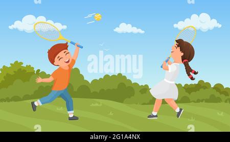 Kids play tennis in summer park vector illustration. Cartoon excited boy girl player characters training, playing sport game together outdoors, holding rackets, active healthy lifestyle background Stock Vector