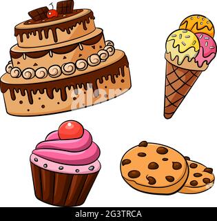 Cartoon vector illustration of a dessert assortment including cake, cupcake, ice cream, cookies Stock Vector