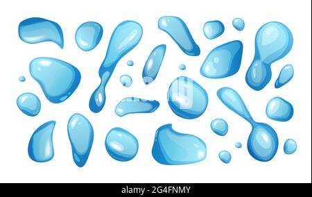 Blue pure water drops set cartoon vector illustration. Stock Vector