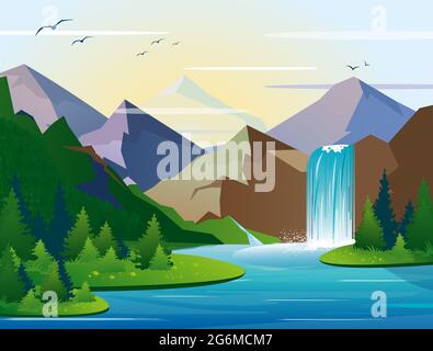 Vector illustration of beautiful waterfall in mountains landscape with trees, rocks and sky. Green wood with wild nature, lake and bush foliage in Stock Vector