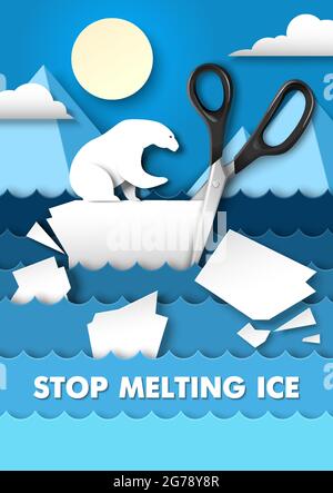 Stop melting ice poster design template. Vector illustration in paper art style. Global warming ecology problem. Stock Vector