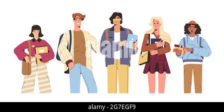 Group of happy students with study books, gadgets. Flat smiling multicultural teenagers together in modern clothes with backpacks. University young people or school friends of different nationalities. Stock Vector