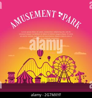 Amusement park banner design template. Circus carousels roller coaster and attractions. Fun fair and carnival theme landscape. Ferris wheel and merry-go-round festival poster vector eps illustration Stock Vector