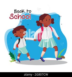 In this poster little girl holding the hand of her little brother and going to school. Stock Vector