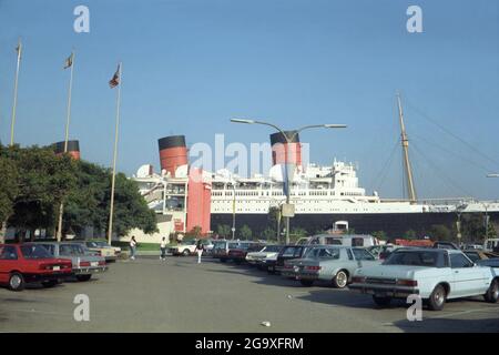 Close up of the RMS Queen Mary ocean liner from a carpark in Long Beach California. Stock Photo