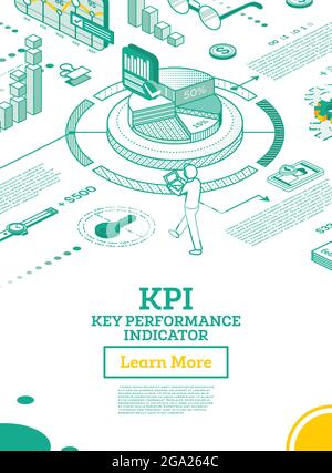 KPI Key Performance Indicator. Vector Illustration. Isometric Concept of Business Performance Strategy and Analysis. Outline Infographic Charts. Stock Vector