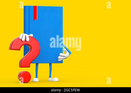 Blue Book Mascot Person Character with Red Question Mark Sign on a yellow background. 3d Rendering Stock Photo