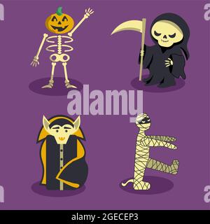 Clipart with Halloween characters Skeleton pumpkin, Grim Reaper, Dracula, Mummy Stock Vector