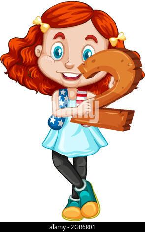 Cute girl with red hair holding math number two Stock Vector