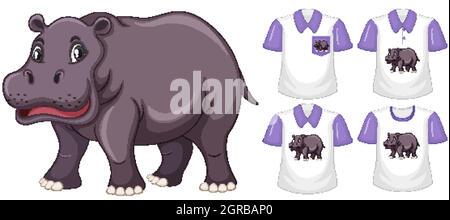 Hippopotamus in stand position cartoon character with many types of shirts on white background Stock Vector