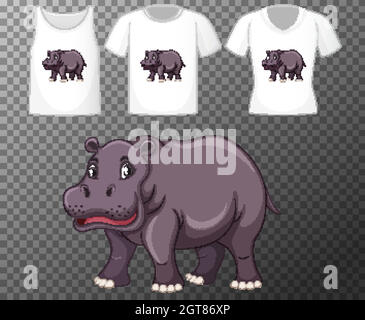 Hippopotamus in stand position cartoon character with many types of shirts on transparent background Stock Vector