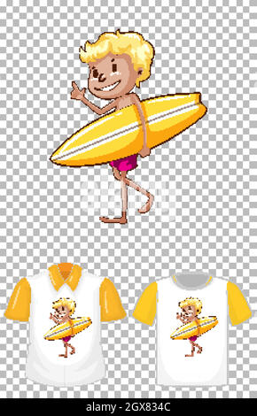 Boy holding yellow surf board cartoon character with two types of shirts on transparent background Stock Vector