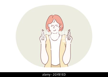 Fingers crossed, belief, wish, superstition, hope, liar concept. Young woman cartoon character standing with eyes closed and fingers crossed gesture a Stock Photo