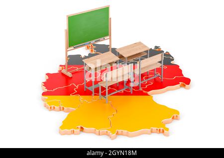 Education in Germany, concept. School desks and blackboard on Germany map. 3D rendering isolated on white background Stock Photo