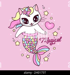 Cute cat mermaid unicorn. For children's design. Vector Stock Vector