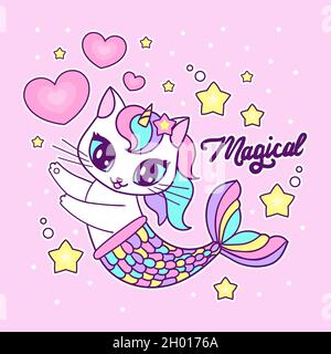 Cute cat mermaid unicorn. For children's design. Vector Stock Vector