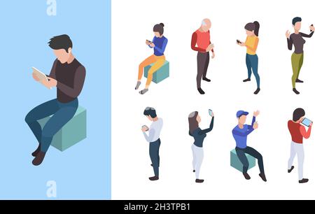 People telephone conversation. Online social dialogue young persons talking on mobile smartphone vector isometric characters Stock Vector