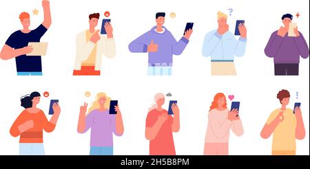 Emotional conversation. Persons talking, young friends talk on phone. Persons group asking online help, mobile chatting utter vector characters Stock Vector