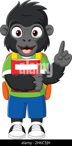 Cartoon happy gorilla with backpack and book pointing up Stock Vector