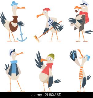 Seagull sailor. Cute funny sea or ocean bird in captain clothes exact vector character in action poses isolated Stock Vector