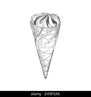 Ice cream wafer cone. Vector illustration sketch hand drawn waffle ice cream cone with chocolate isolated on white background. Stock Vector