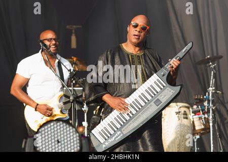 Stevie Wonder performs as he headlines on stage of Day 2 at the Calling Festival on Clapham Common in London. Stock Photo