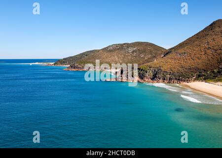 view of coastline and Zenith beach in Nelson Bay on the New South Wales Coast - A popular tourist destination just North of Newcastle Stock Photo