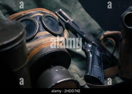 laid pistol, mask and other accessories of WW2 Stock Photo