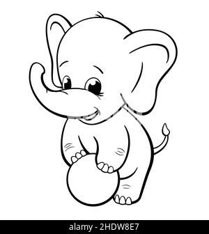 happy smiling infant baby elephant playing with ball coloring book lineart vector isolated on white background Stock Vector