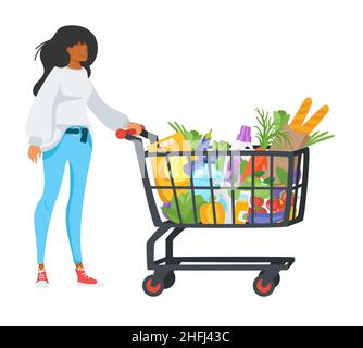 woman with shopping cart full of products Stock Vector