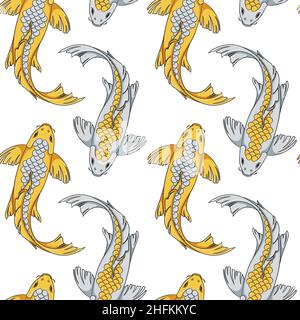 Seamless pattern with gold and silver koi fish carps. Colored vector background. Stock Vector