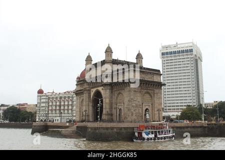 The Gateway of India and Taj Mahal Palace as seen from the Arabian Sea. Mumbai - Maharashtra, India Stock Photo