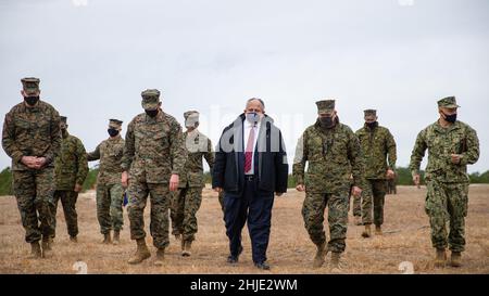 Camp Lejeune, United States. 28th Jan, 2022. U.S. Secretary of the Navy Carlos Del Toro walks with the officers of the Marines of 1st Battalion, 6th Marine Regiment, 2d Marine Division, during a visit to the live fire range, January 28, 2022 at Camp Lejeune, North Carolina. Credit: LCpl. Ryan Ramsammy/US Marines/Alamy Live News Stock Photo