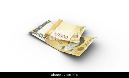 3D rendering of Double 50000 Korean won notes with shadows on white background Stock Photo